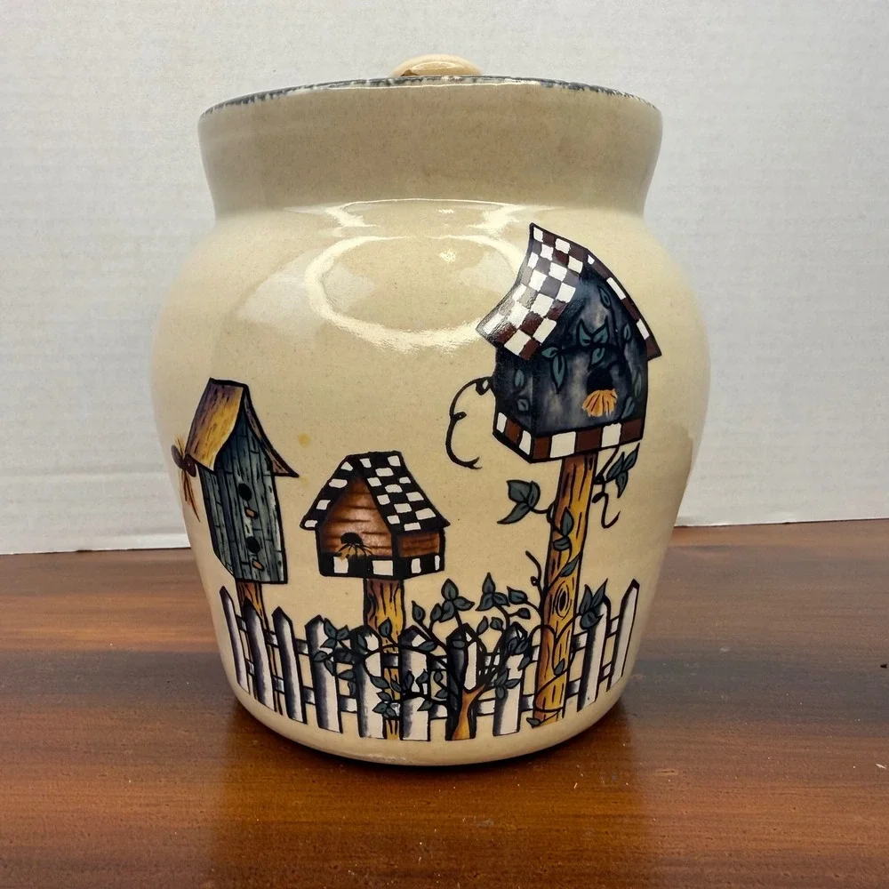 Home & Garden Party Birdhouse Canister Set 3pc Stoneware USA 2001 Vintage